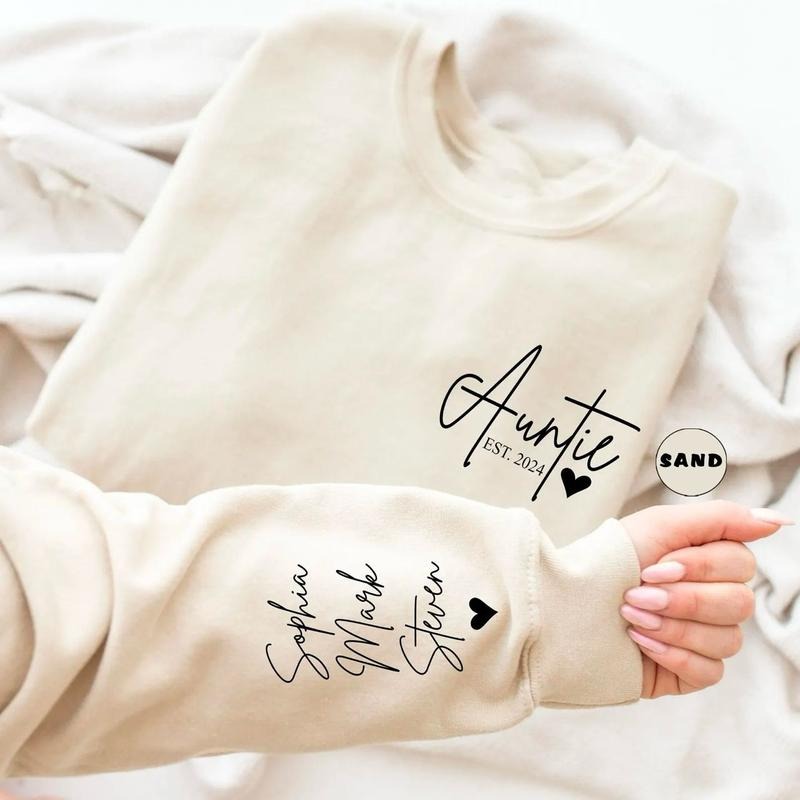 Custom Auntie Sweatshirt, Personalized Aunt Hoodie With Nieces Nephews Names On Sleeve, Pregnancy Reveal Shirt, Mothers Day Clothing Gifts For Auntie