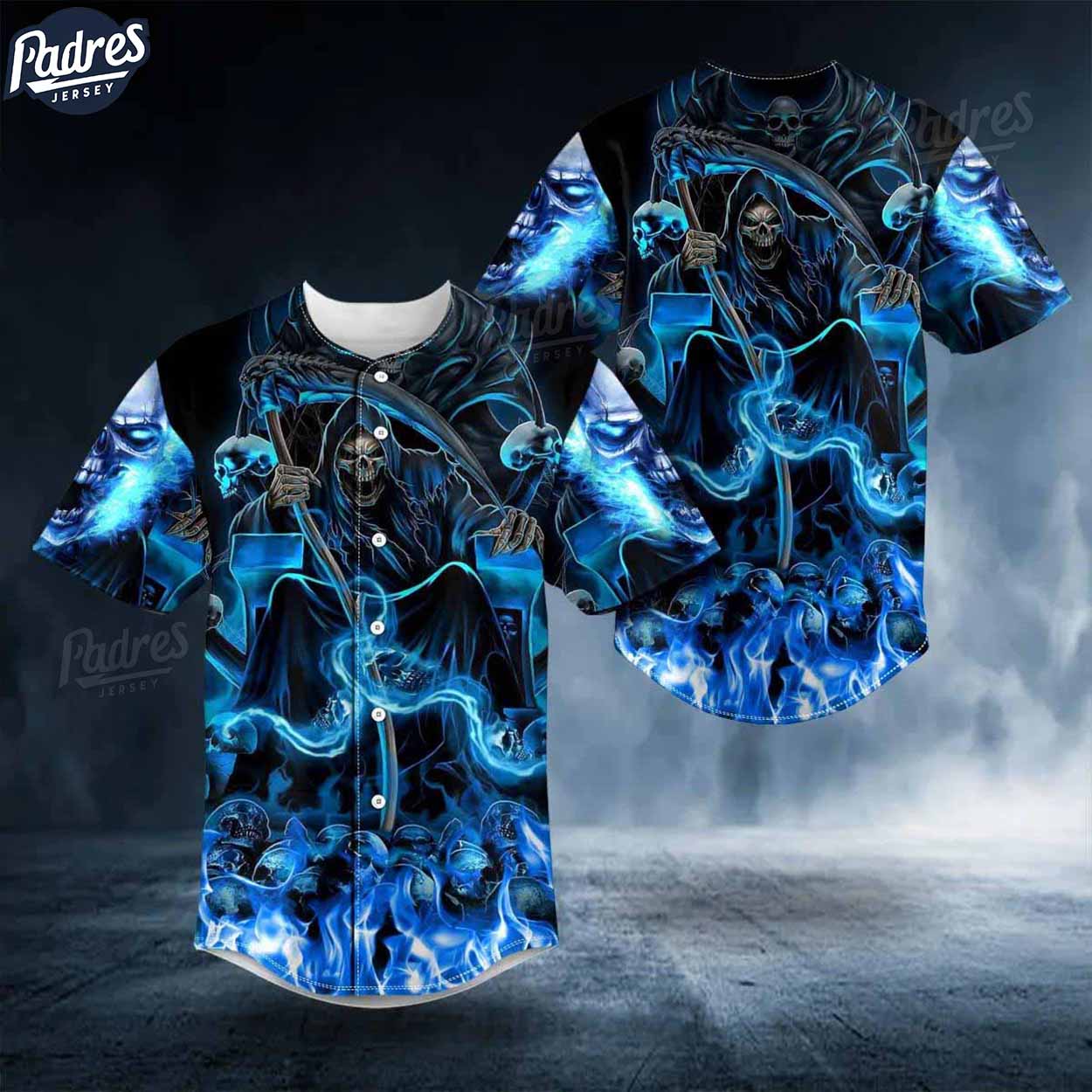 Custom Blue Fire Grim Reaper Skull Baseball Jersey - Padres Jersey Oasis: Elevate Your Baseball Style Game T-Shirts,...