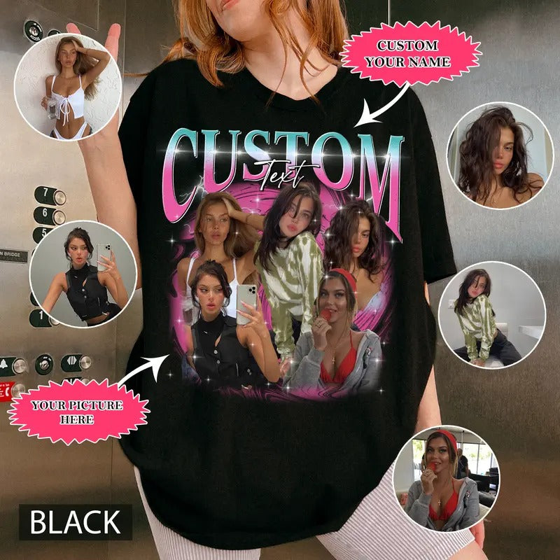 Custom Bootleg Rap Shirt, Girlfriend, Boyfriend TShirt With Face Photo Vintage T Shirts, Your Own Picture Idea, Personalized Birthday Gift Check Cotton Crewneck Fabric Crewneck