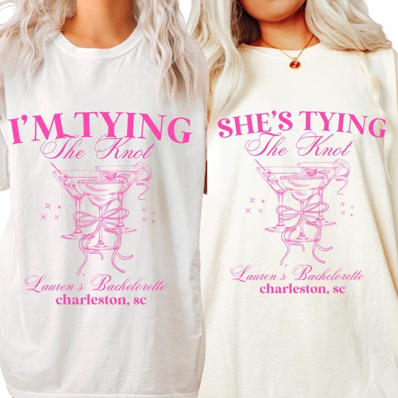 Custom Coquette Bow Bachelorette Shirts, She's Tying the Knot Bachelorette Party Shirts, Bow Bachelorette Cocktail Club, Bridal Party Gift