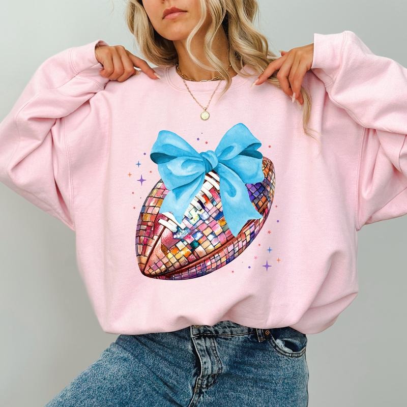 Custom Coquette Bow Football Sweatshirt, Girly Football Crewneck for Girls, Custom Team Game Day Sweatshirt, Cheerleading...