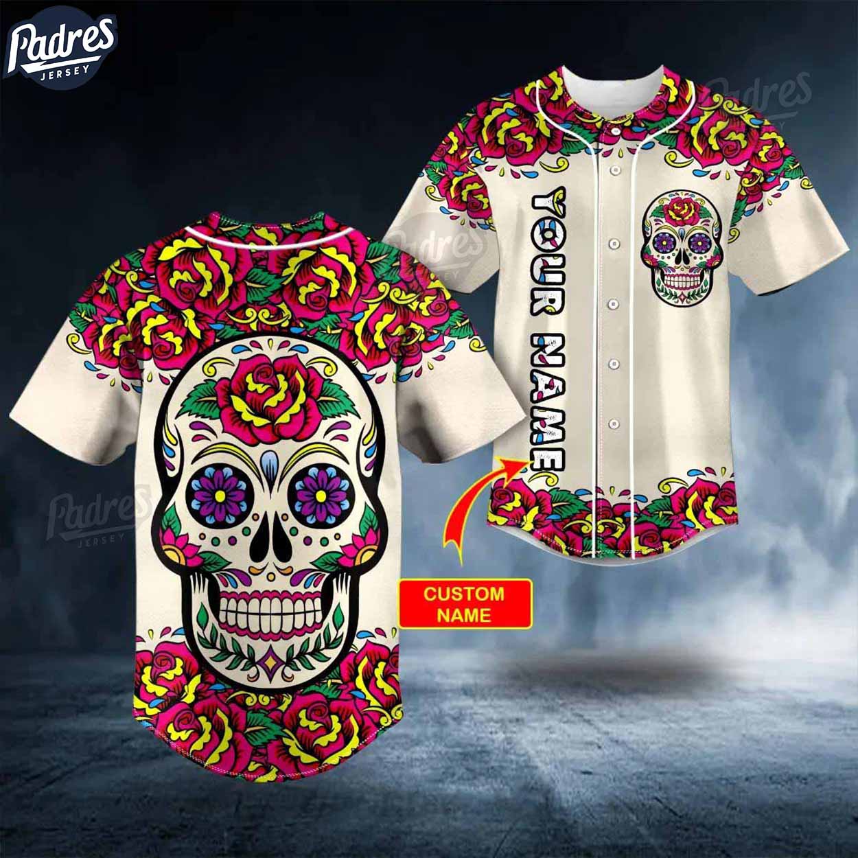 Custom Day Of The Dead Flower Pattern Skull Baseball Jersey - Padres Jersey Oasis: Elevate Your Baseball Style Game
