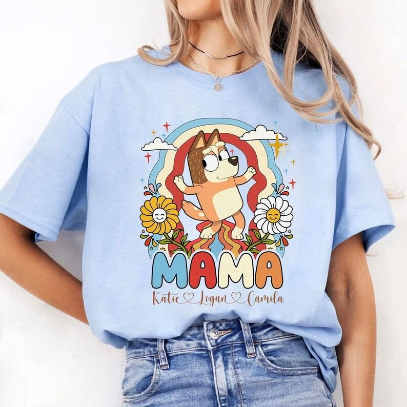 Custom Kids Name Floral Mama Bluey Mothers Day Shirt | Bluey Mom Shirt | Chilli Heeler Shirt Bluey Chilli Mum Shirt Gift for Mom, Bluey Grannies Shirt