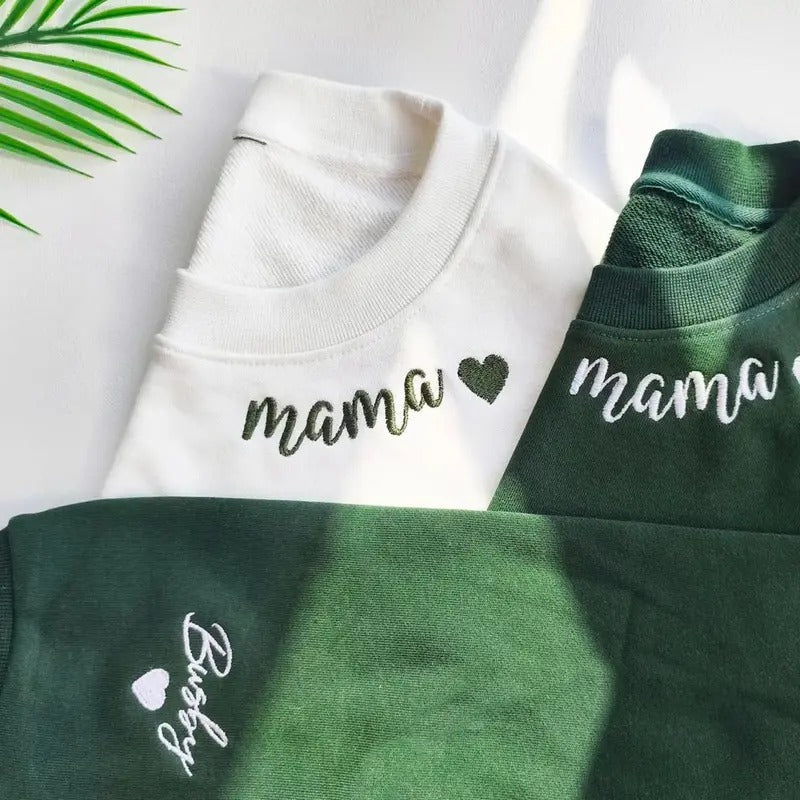 Custom Mama Embroidered Sweatshirt, Mom Shirt, Custom Mama Crewneck With Kids Names, Heart On Sleeve, Gift For New Mom,...