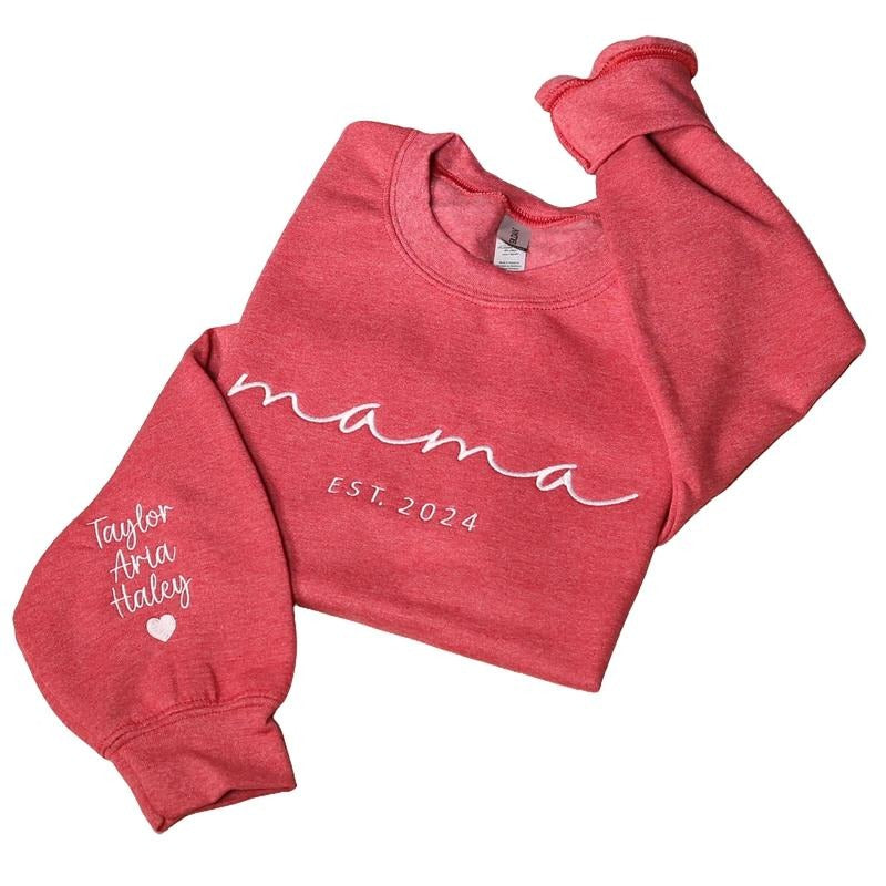 Custom Mama Embroidered Sweatshirt, Personalized Mom Sweatshirt With Kids Names Sleeve, Pregnancy Reveal Outfit, Birthday Gift, Mothers Day Gift