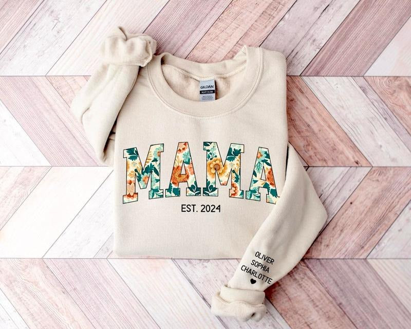 Custom Mama Sweatshirt, Mama Floral Shirt, Personalized Mama Crewneck Pullover, Christmas Gift For Mom, Mom Floral Shirt, Mom Custom Sweaterstyle{n002}2