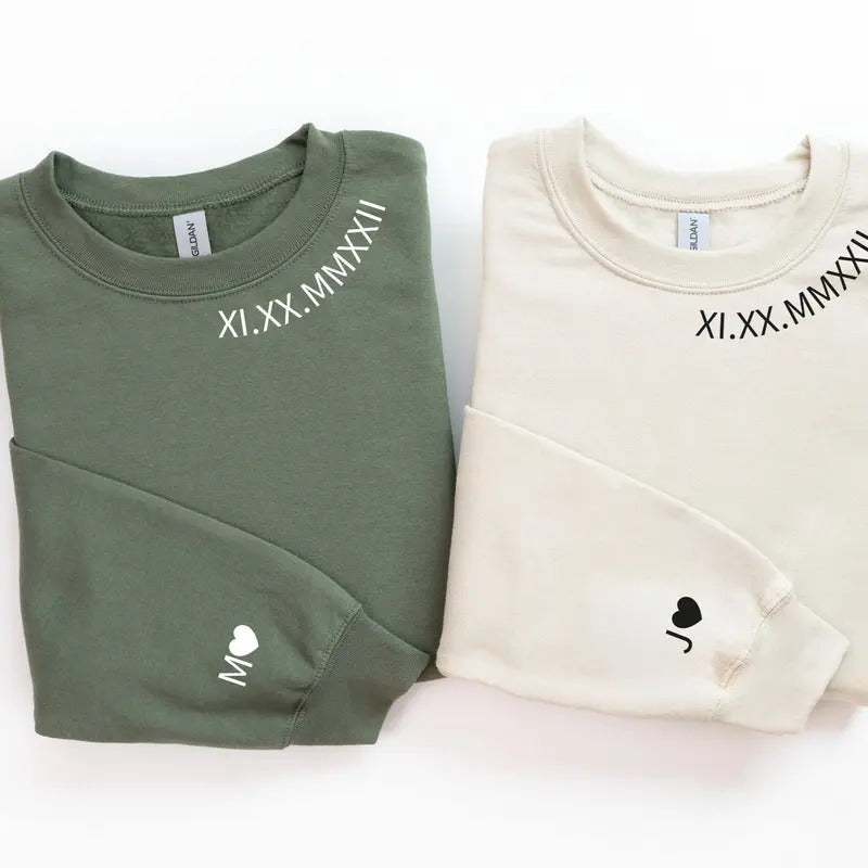 Custom Roman Numeral Valentine's Day Sweatshirt, Personalized Date and Initial Crewneck, Couple Engagement and Anniversary Sweater