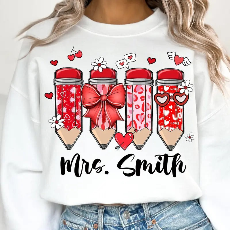 Custom Teacher Valentine Coquette Pencil Sweatshirt, Teacher Valentine Pencil Shirt, Teacher Gift Hoodie | WearSparks.com
