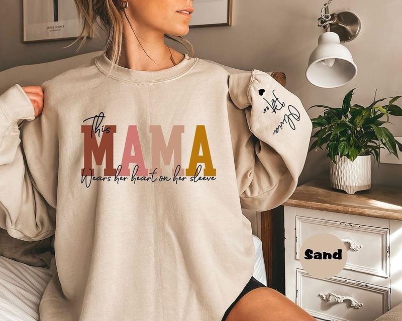Custom This Mama Wears Her Heart On Her Sleeve Hoodie, Personalized Mom Sweatshirt, Custom Mama Hoodie, Custom Mama...