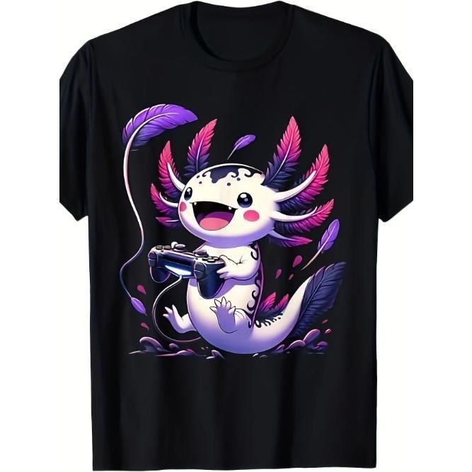 Cute Axolotl Playing Console Video Games Axolotl Gaming T-Shirt Made in USA