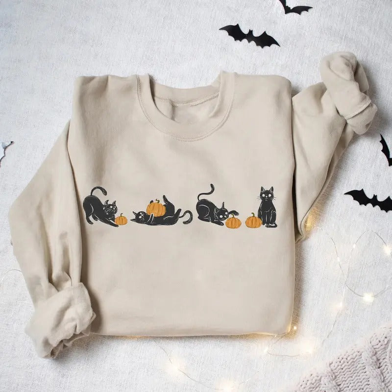 Cute Black Cats On Pumpkin Sweatshirt, Black Cat Pumpkin Halloween Shirt, Pumpkin Fall, Black Cat Pumpkin Halloween Shirt, Vintage Halloween Shirt, Cat Lover Halloween Shirt, Fall Halloween Gift Shirt