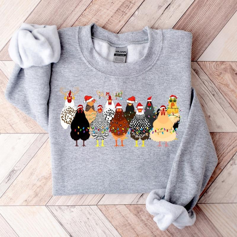 Cute Christmas Chickens Sweatshirt for Women, Christmas Farm Animals Design, Holiday Gift - Cotton, Fabric Crewneck Fit