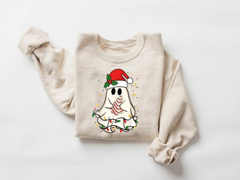 Cute Christmas Ghost Tree Cake Sweatshirt, Christmas Tree Cake Sweater, Merry Christmas Shirt, Ghost Christmas Shirt, Ghost Santa Christmas Shirt, Spooky Christmas Shirt, Winter Holiday Shirt, Xmas Christmas Shirt