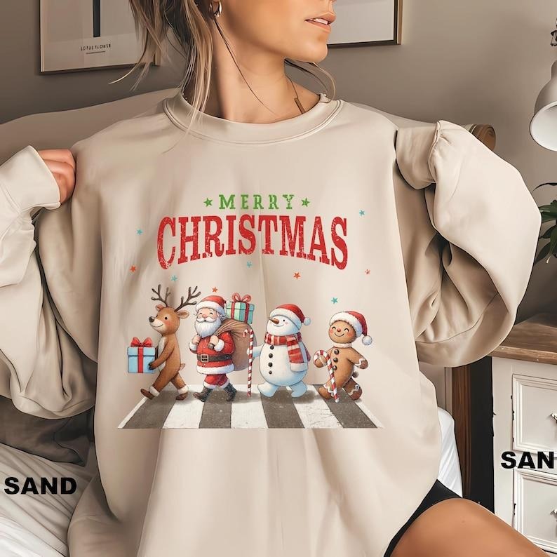 Cute Christmas Reindeer Santa Snowman Sweatshirt, Merry Christmas Sweatshirt ,Reindeer and Santa Walking Cute Holiday Party Shirt
