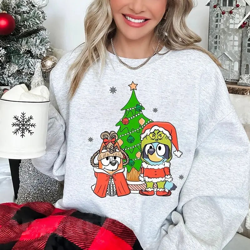 Cute Christmas Sweatshirt, Dog Christmas Tree Shirt, Blue Dog Christmas Sweatshirt, Family Christmas Hoodie, Christmas...