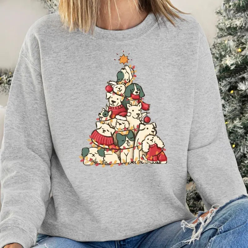Cute Dogs Tree Sweatshirt, Christmas Sweatshirt, Merry Dogmas, Christmas Dog Sweatshirt, Funny Christmas Gift for Dog Mom Cotton Crewneck