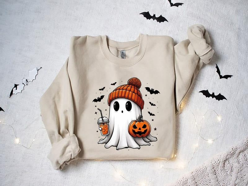 Cute Ghost Shirt, Halloween Ghost Coffee Shirt, Bougie Ghost Shirt, Halloween Gifts, Halloween Crewneck, Ghost Sweatshirt, Halloween Sweater, 2024 Happy Halloween,Retro Spooky Season, Halloween 2024 Sweatshirt