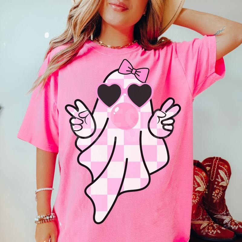 Cute Girly Ghost Blowing Bubble Shirt, Cute Ghost Halloween Shirt, Retro Halloween Ghost Shirt, Ghost Floral Shirt, Funny Halloween T shirt