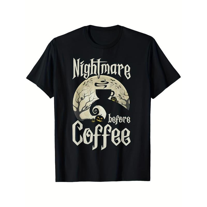 Cute Nightmares Before Coffee Halloween Funny Mugs Printed T-shirt Comfortable Breathable, Soft, Casual Short Sleeve, Daily Wear, All Season, Black Men Made in USA