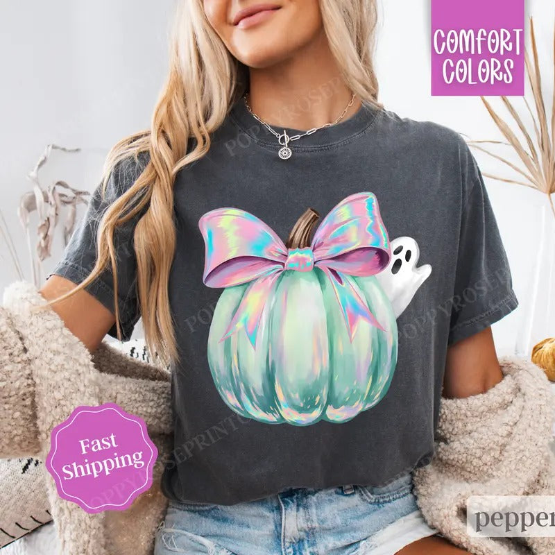 Cute Pumpkin Ghost Shirt Comfort Colors Halloween Tshirt, Women's Holiday Tee, October Vibes Shirt, Spooky Season Tee