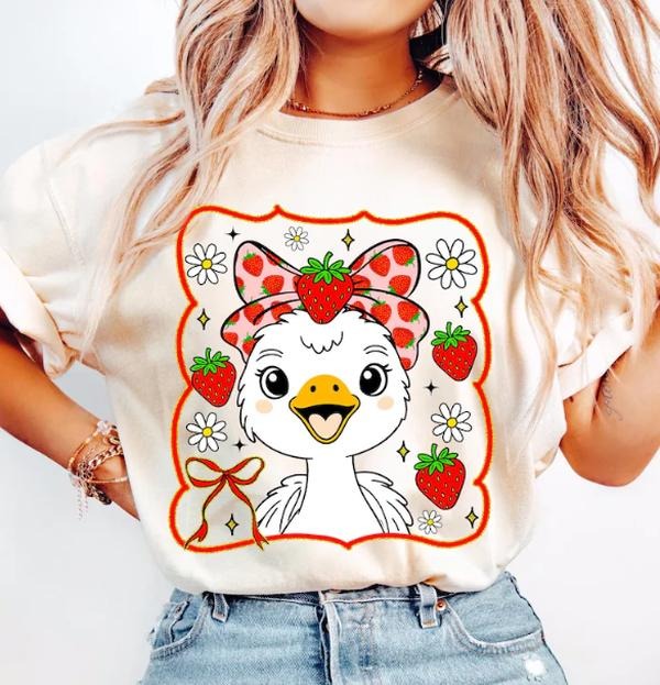 Cute Strawberry Goose Bow Tshirt, Summer Strawberry Goose, Coquette Goose Strawberry, Mothers Day