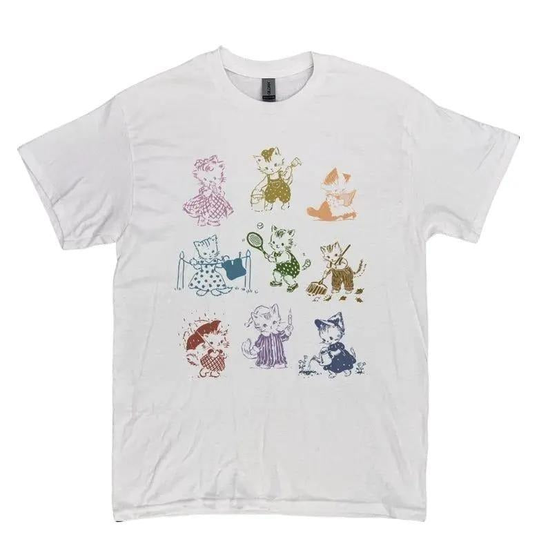 Cute Vintage Kitten 1950's Story Book Style Shirt, Vintage Kittens T-shirt, Vintage Washed Shirt, Retro Distressed Shirt, Cute Women Gift