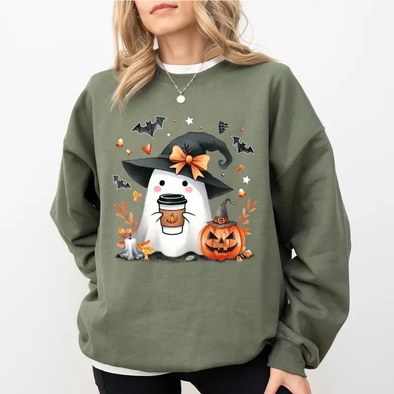 Cute Witchy Ghost Coffee Sweatshirt, Coffee Ghost Creweck for Women, Halloween Pumpkin Ghost Sweater, Witchy Boo Sweatshirt for Girl, Funny Coffee Lover Gift, Spooky Season T-shirt, Comfy Cotton Long Sleeve Pullover, Fall Women's Tops, Casual Womenswear