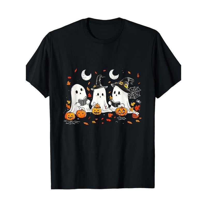 Cute ghost drinking coffee Halloween ghost reading 100% cotton T-shirt Made in USA