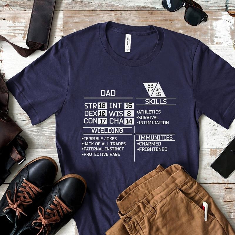 D&D Dad Shirt Stat Block , Short Sleeve Tee Funny FatherS Day Gift, Character Sheet Shirt, Dungeon Master Gift, D20 Shirt, D And D Shirt