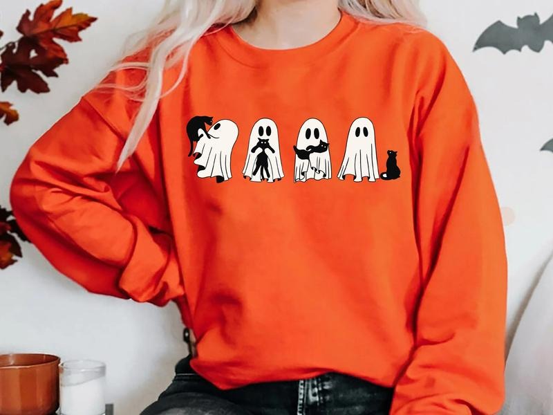 Сute Ghost Cat Sweatshirt, Ghost Cat Halloween Shirt, Cat Lovers Shirt, Retro Ghost Halloween Shirt, Halloween Cat, Spooky Season Shirt, Halloween Cat Lover Gift