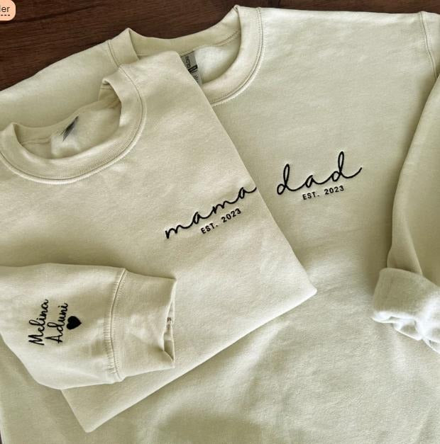 Dad Embroidered Sweatshirt, Custom Mama Shirt With Names, Heart On Sleeve, Daddy Est Year Hoodie, Gift For New Dad, Mother's Day Gift