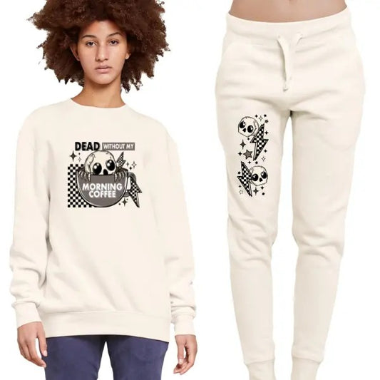"Dea$ Without My Morning Coffee Mix & Match Sweatpants Set, Retro Long Sleeve Crewneck, Causal Goth Pullover for Coffee Drinkers