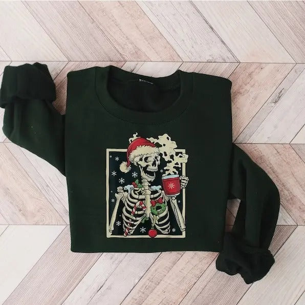 Dead Inside Skeleton Christmas Sweatshirt, Sarcastic Christmas Coffee Shirt Merry Christmas Shirt Coffee Lover Christmas...