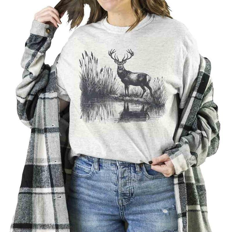 Deer Hunting Vintage Deer Unisex T-shirt Sweatshirt Hoodie, Nature Camping Wildlife, Deer at Lake, Retro Cotton