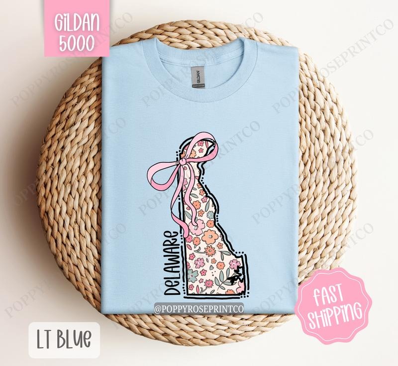 Delaware Gildan T-shirt, Cute Delaware State Shirt, Delaware Floral Bow Tee