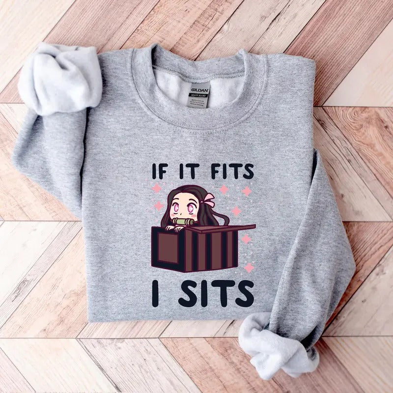Demon Slayer Nezuko "If It Fits, I Sits" Sweatshirt Hoodie Sweatshirt, Hoodie, Comfort Colors