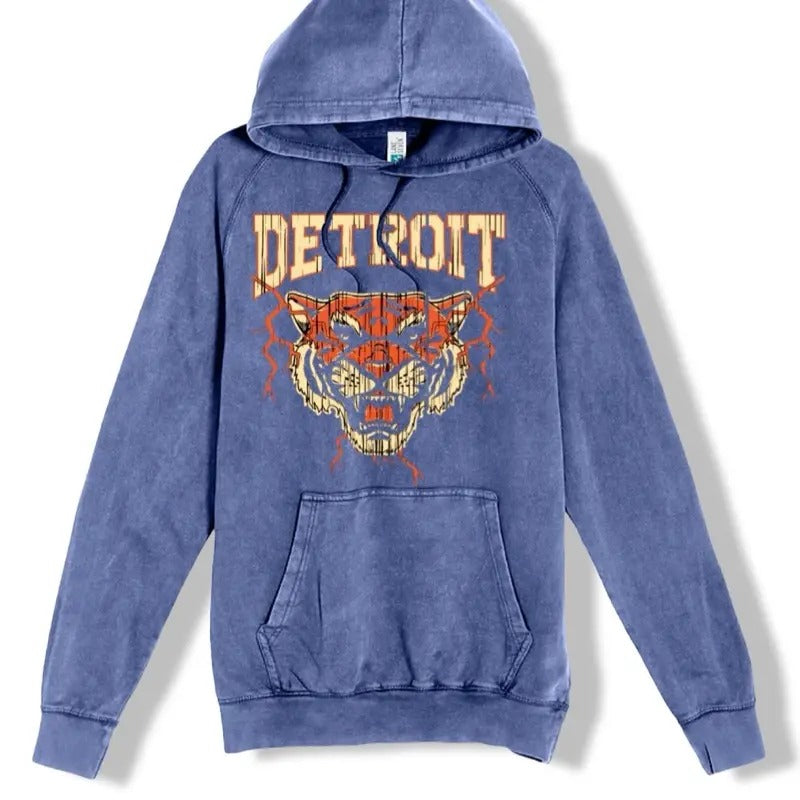 Detroit Tigers Vintage Washed Hoodie - unisex Sweatshirt with Graphic Design, Front Pocket, and Hood Printed Womenswear