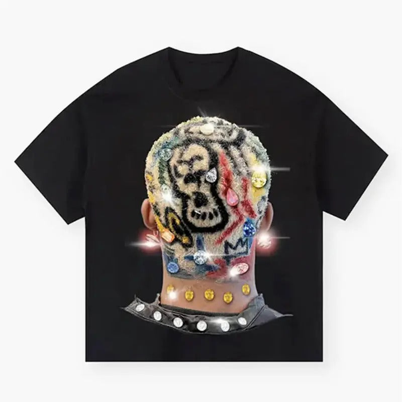 Diamond Print T-shirt with Colored Hair Design, Black Tee