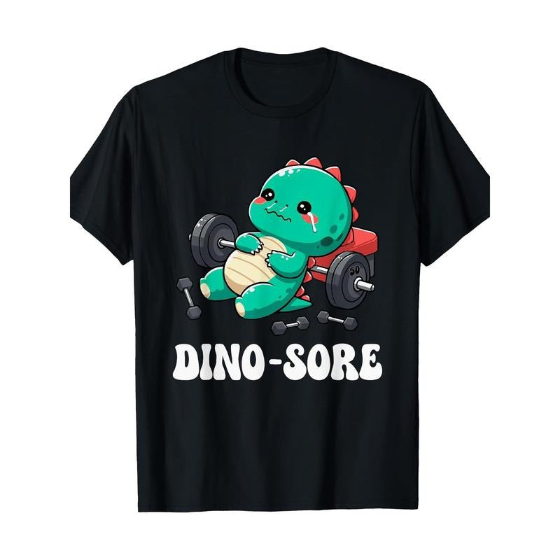 Dino-Sore Cute Dinosaur Gym Fitness Lifting T-Shirt, Cotton Crew Neck Short Sleeve Tee, Casual Geometric Pattern Knit Fabric, Digital Heat Transfer, Four Seasons Regular Fit Top Made in USA