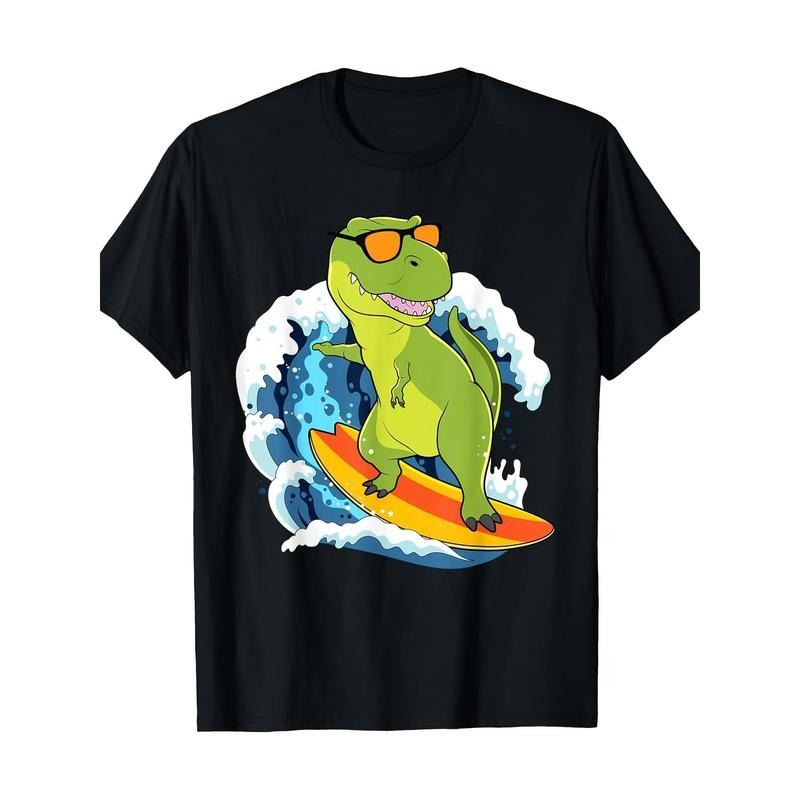 Dinosaur T-shirt Fun Hawaiian Tyrannosaurus Rex Surfing Dinosaur Surfing T-shirt, men's T-shirt Made in USA