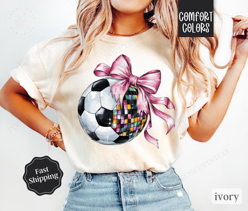Disco Soccer Bow Shirt Comfort Colors, Womens Soccer Tee, Womenswear Oversized Crewneck, Coquette Clothing
