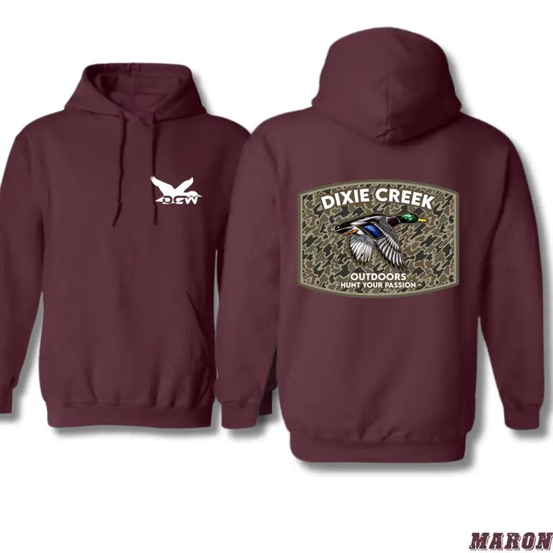 Dixie Creek Hoodie - Camo Duck Hunting Design with Bold Outdoor Graphics, country boy clothing, Perfect for Hunting Enthusiasts and Nature Lovers, Unisex Hoodie for Everyday Comfort and Rugged Style