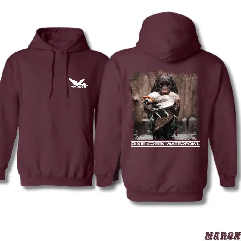 Dixie Creek Waterfowl Hoodie - Hunting Dog Graphic Design, Ideal for Duck Hunters and Outdoor Fans, Unisex Hoodie for Cozy Outdoor Adventures and Nature Lovers Menswear Sweaters
