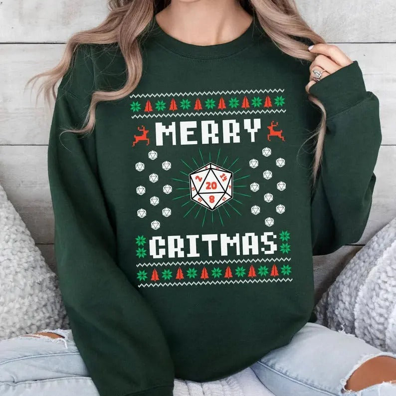 DnD Christmas Sweatshirt D20 Dungeons and Dragons Ugly Christmas Sweater for TTRPG Gamer Gift for DnD Player RPG Gift for Dungeon Master