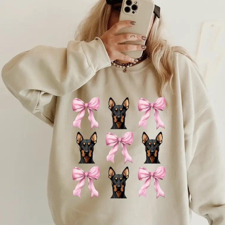 Doberman Pincher with Bows Sweatshirt ~ Sweatshirt Unisex Apparel Relaxed Fit Printed in the USA Clothing Womenswear Casual and Comfortable