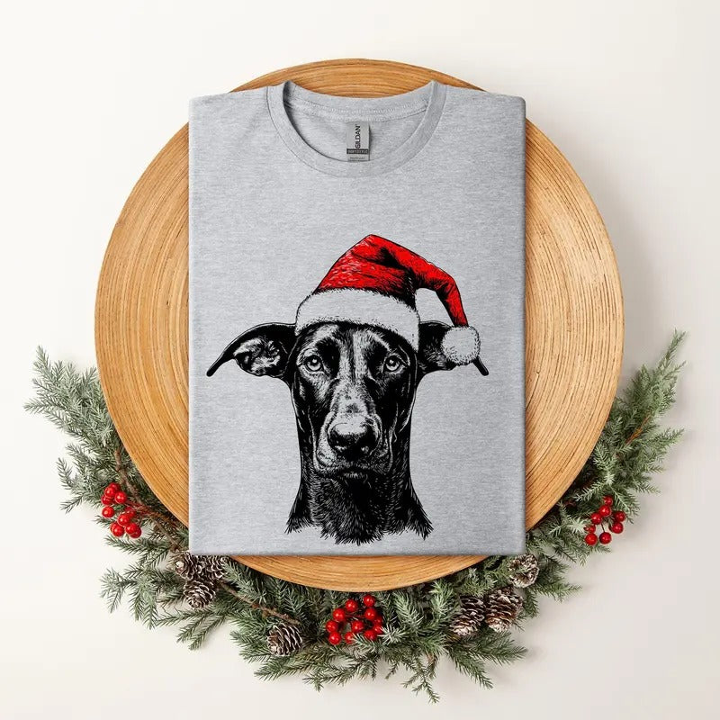 Doberman, Santa, Dog, Christmas, Dog Lover, Pet T-Shirt, Soft Style Tee, Women's Graphic Tshirt