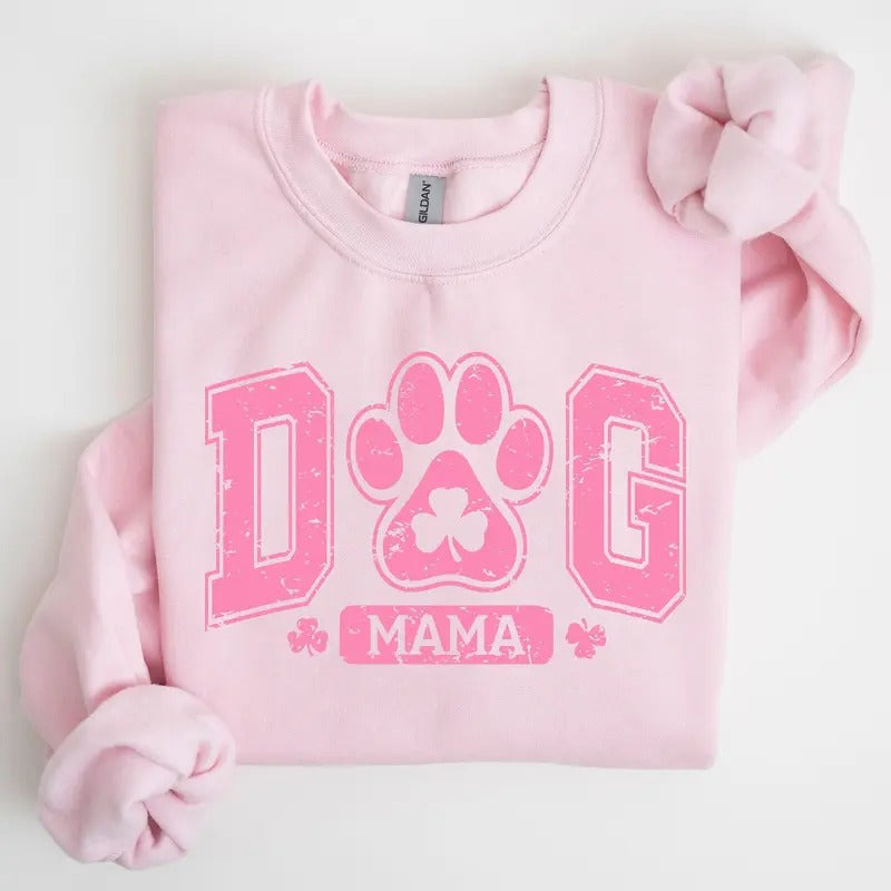 Dog Mama, Pink, Lucky, Shamrock, Lucky Charm, Irish, Retro, St Patrick's Day Sweatshirt, Crew Neck, Women's,...