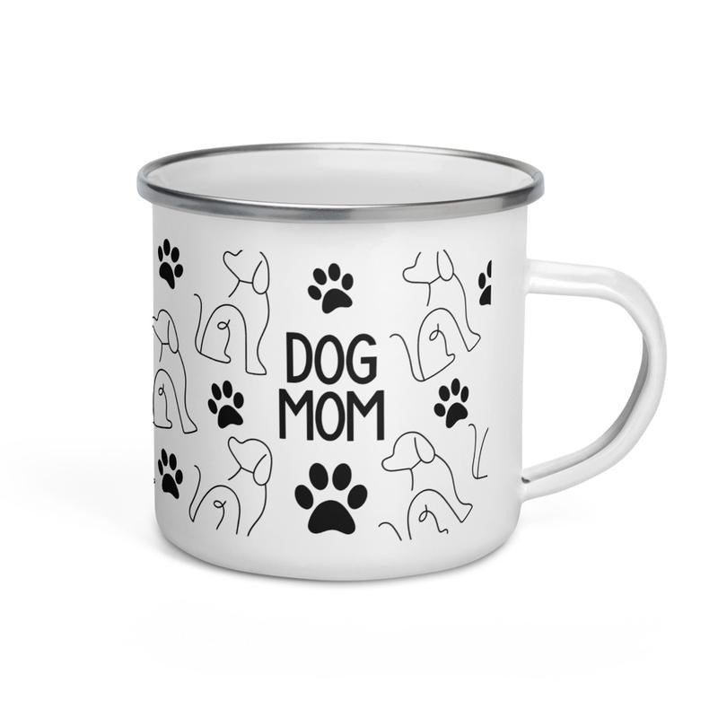 Dog Mom Coffee Mug 12 oz Enamel Mug Ceramic Tumbler Reusable Washable White Coated Silver Rim Drinkware Seasonal Beverage Mug