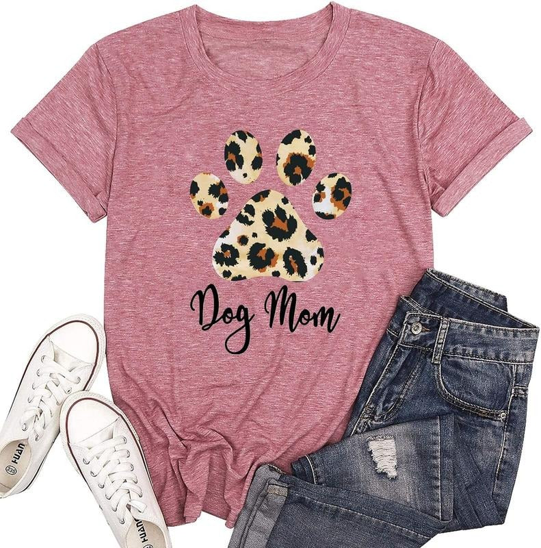 Dog Mom T-Shirt Women Funny Leopard Print Dog Mama T-Shirt Cute Graphic T-Shirt Dog Lover Letter Print T-Shirt Comfort Top