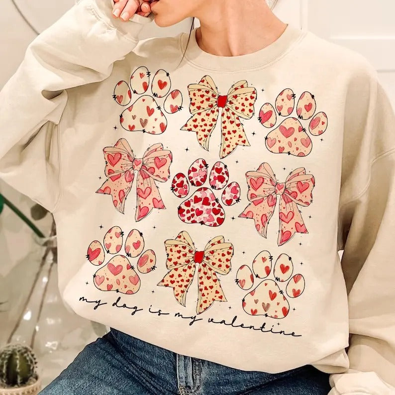 Dog Valentine Coquette Sweatshirt Dog Mom , Valentine's Day , Dog Paw Print Heart , Valentine , Dog Lover Gift, Dog...